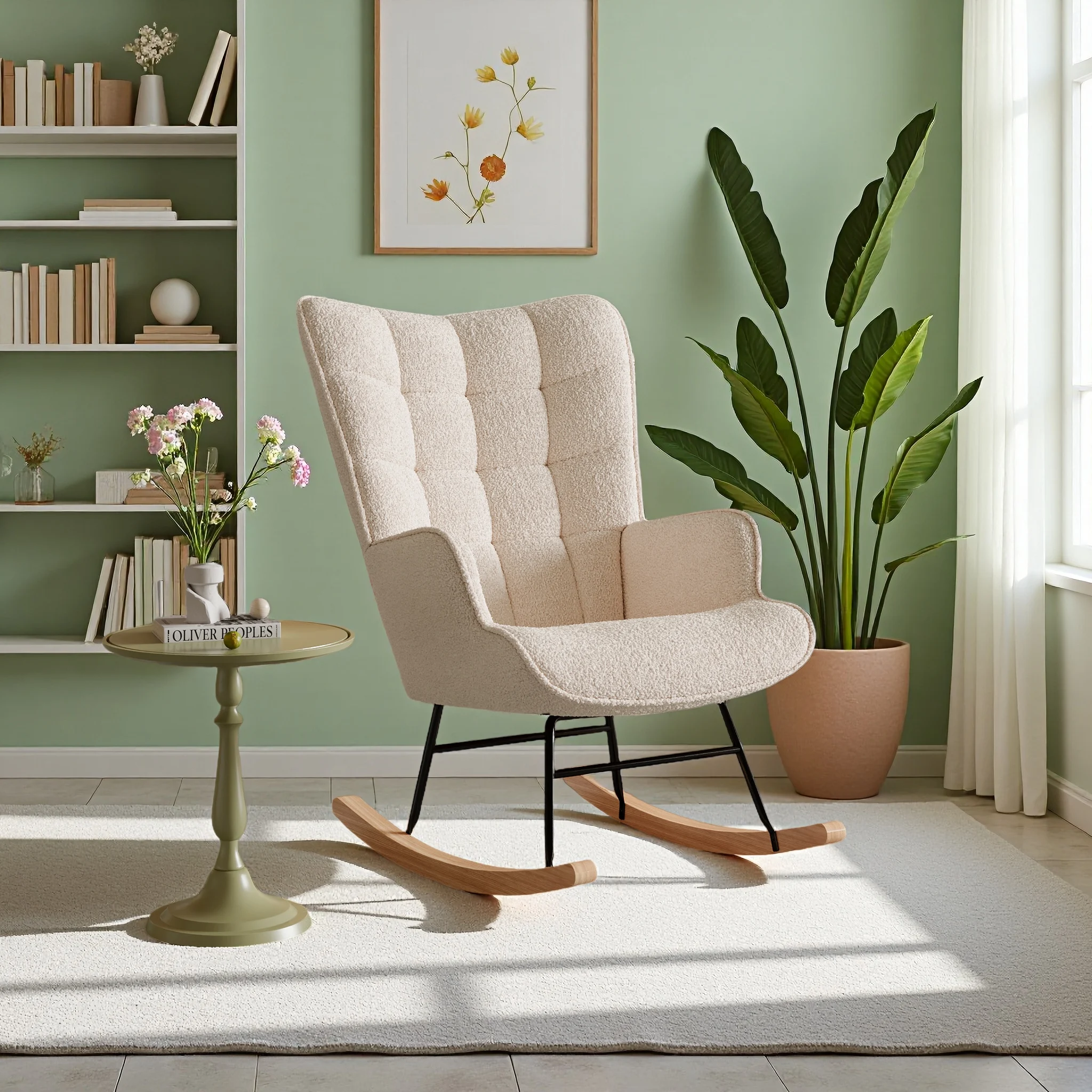 Rosahqnda Chaise balançoire fauteuil chaise décontractée avec oreiller pour salon/chambre/balcon cadre balançoire, beige/rose/gris