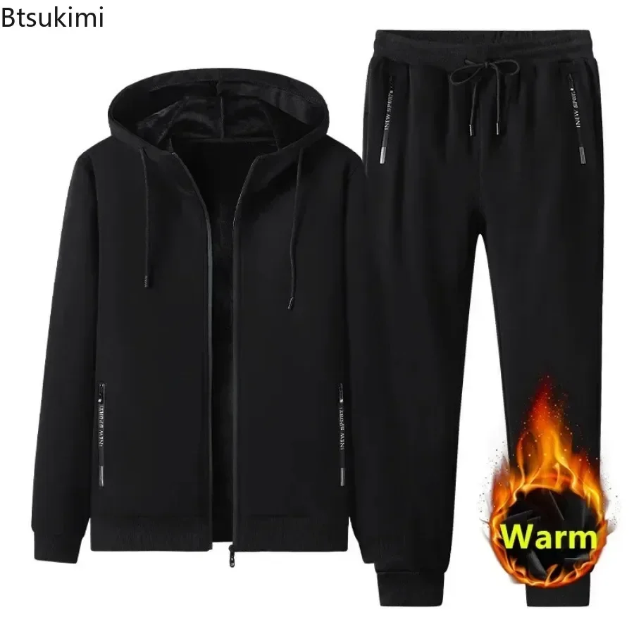 2024 Autumn Winter New Men Sets Men\'s Fashion Plus Fleece Thickened Warm Pure Cotton Hooded Sportwear Suit Man Casual Tracksuits