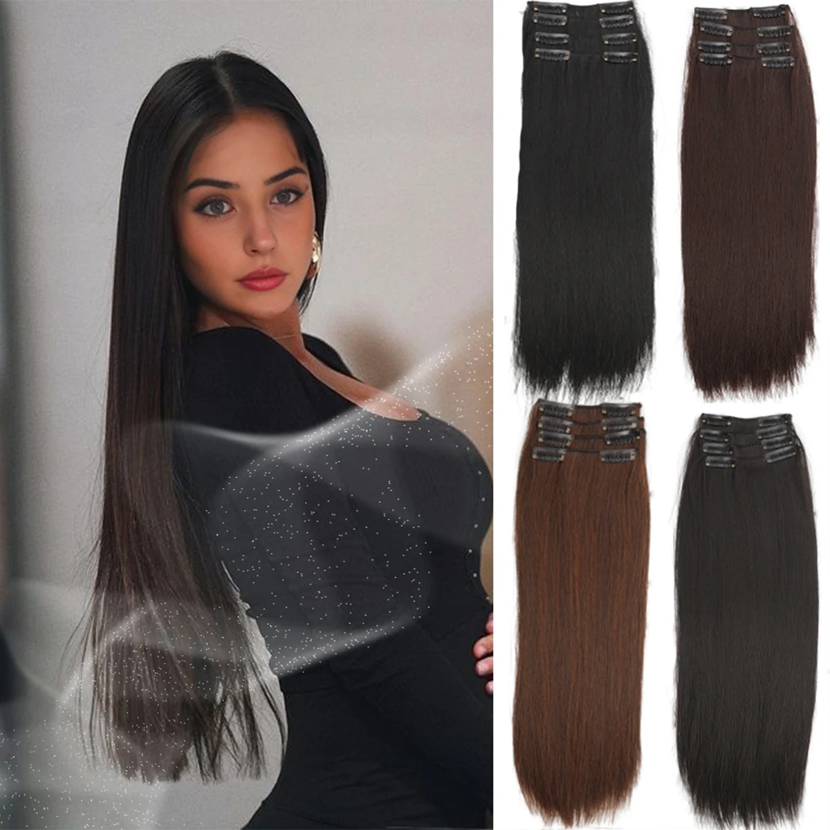 

4PCS synthetic hair extension piece long straight hair wig clip heat-resistant wig piece extension on a woman's hair