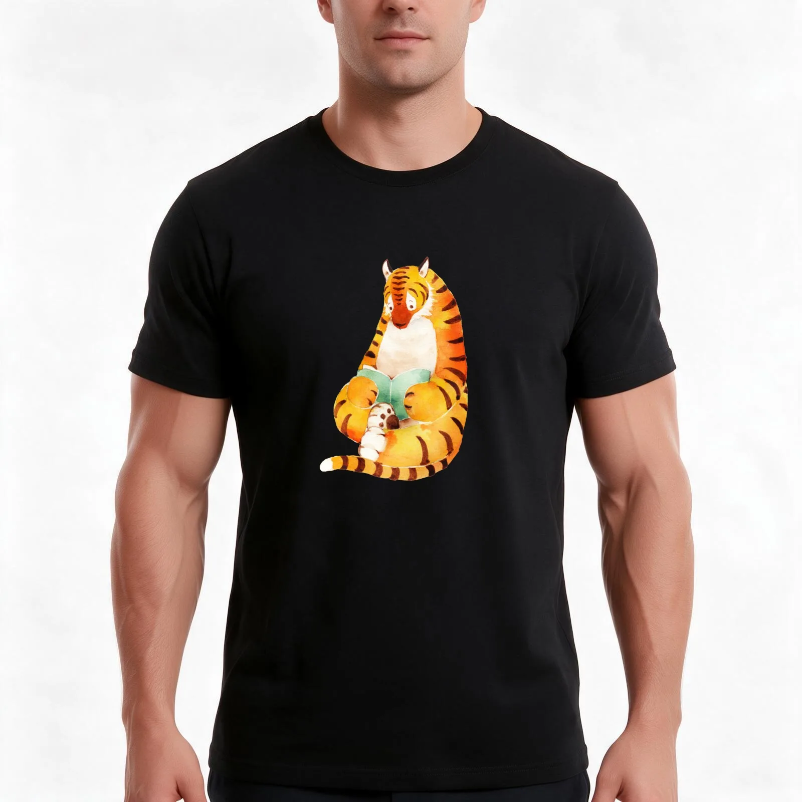 Reading Tiger T-Shirt, Summer Casual Cotton Tee, Oversized Streetwear Tops, Vintage Graphic Print, Loose Fit Short Sleeve