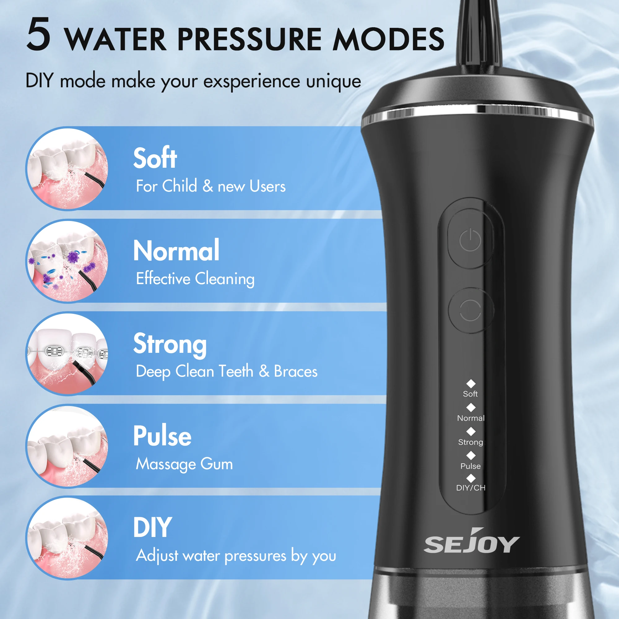 Sejoy-irrigador de agua Dental portátil, limpiador de dientes recargable por USB, 5 modos, higiene bucal, 350ml