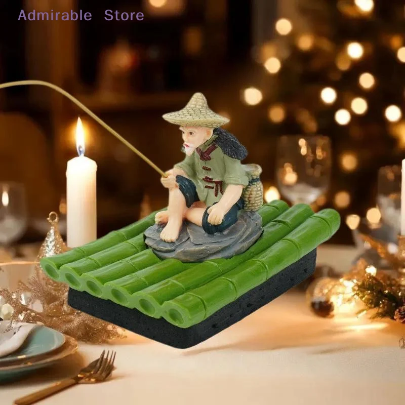 w1Pcs Outdoor Decoration Bamboo Raft Fisherman Figurine Elderly Fisherman PVC Statue For Yard Floating Aquarium Decor