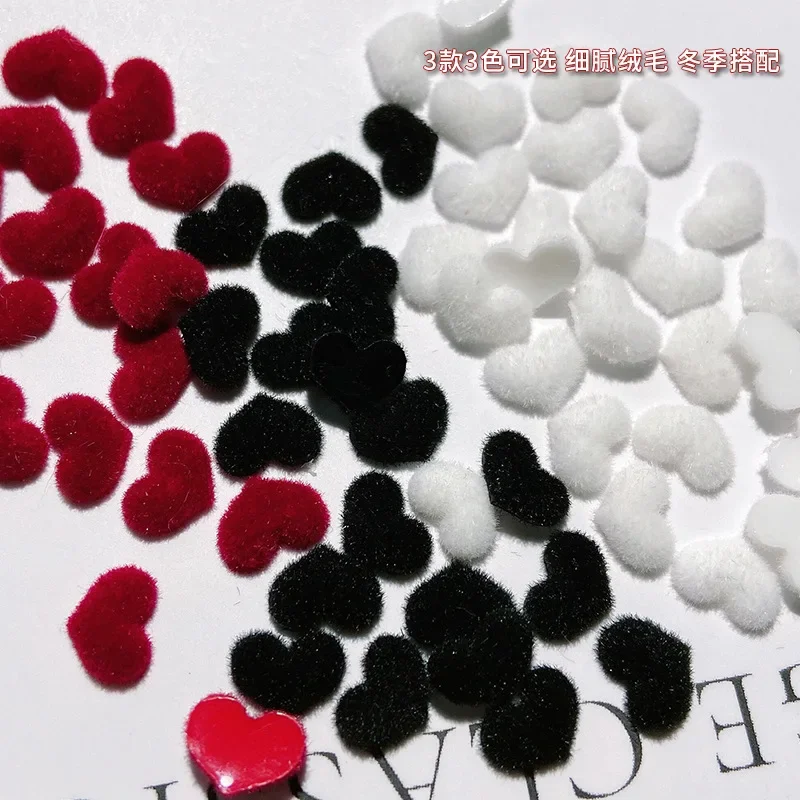 Red Black White Velvet Flocking Heart Resin Nail Art Decorations Winter Cute Plush Manicure Accessories Wholesale Dropshipping