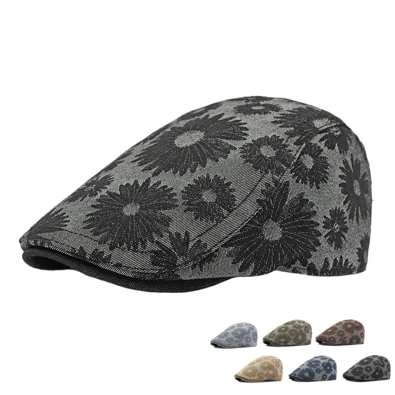 

Korean Style Fashion Little Daisy Printed Beret Women's British Retro Reversible Peaked Cap Men's Casual Advance Hats Fashion