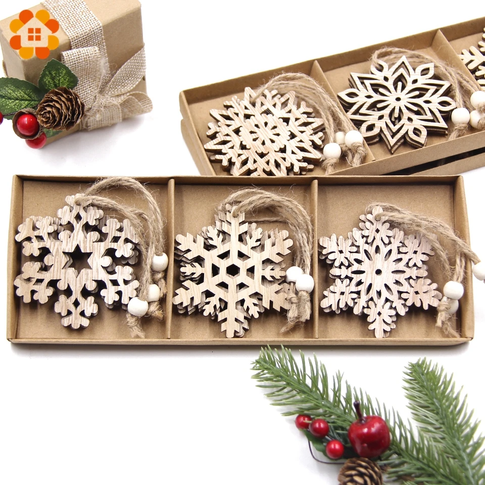 12PCS/Box Multi Christmas Snowflakes Wooden Pendants Ornaments Christmas Decorations DIY Christmas Tree Hanging Ornaments Gifts