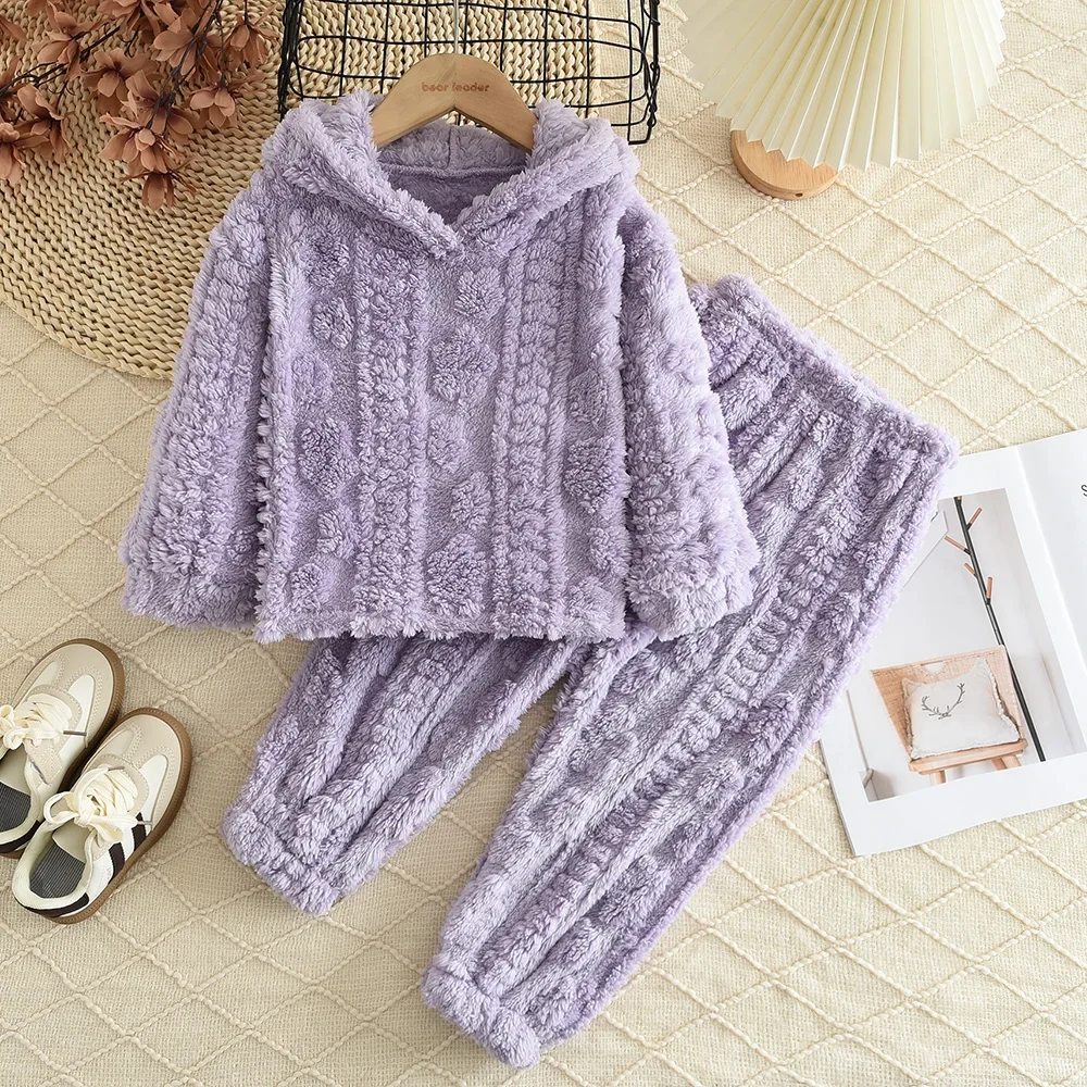 Casual Warm Pajamas Suit Purple Flannel Jacquard Top+Pants 2-piece Set Autumn/Winter Home Hooded Girls Clothes Soft Kids Outfits