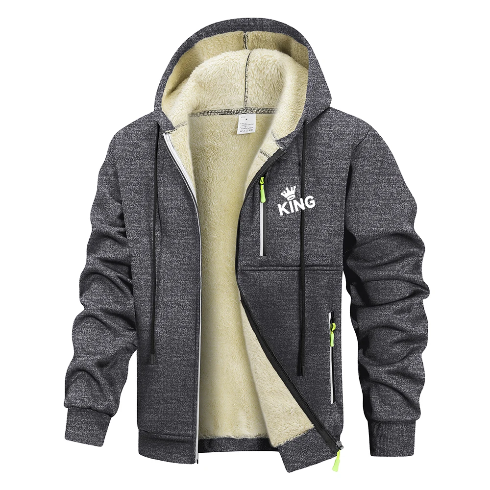 Men's Zip Up Hoodies With King Graphic Print Casual Autumn Winter Sweatshirt With Multiple Zip Pockets For Commute And Sports