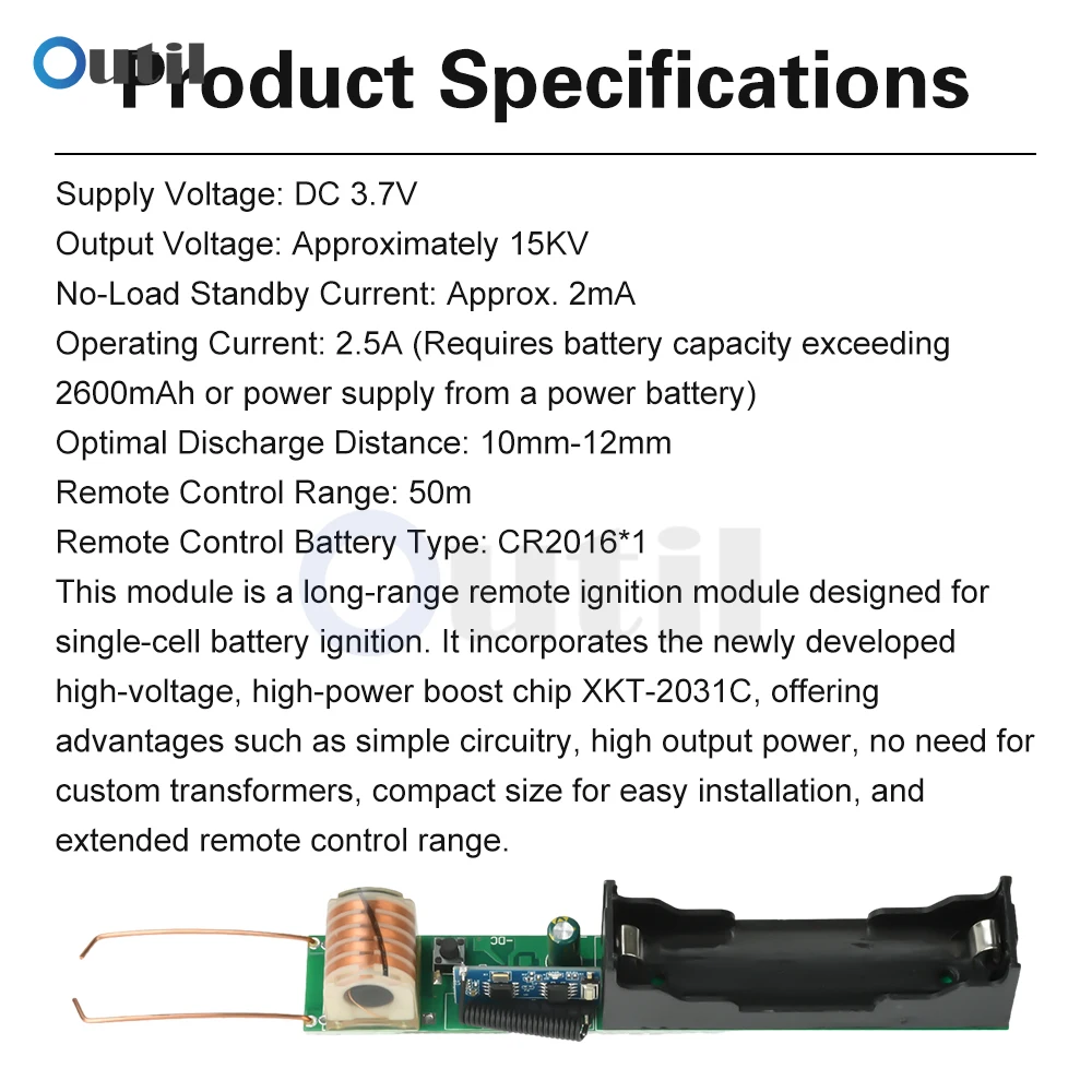 Modul Pengapian Jarak Jauh Generator Tegangan Tinggi dengan Kontrol Nirkabel 50M Konverter Peningkat Pelepasan Busur Stabil Output 15KV