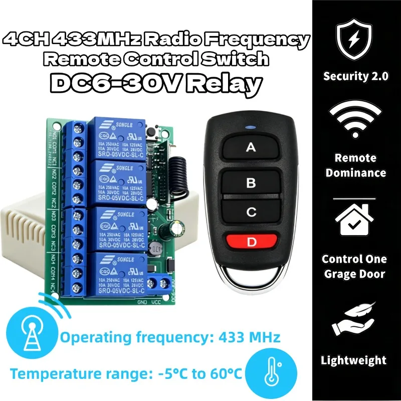 433Mhz Universal Wireless Remote Control Light Switch DC 12V 4CH RF Relay Receiver 60m Range for Light/Garage Door/LED DIY