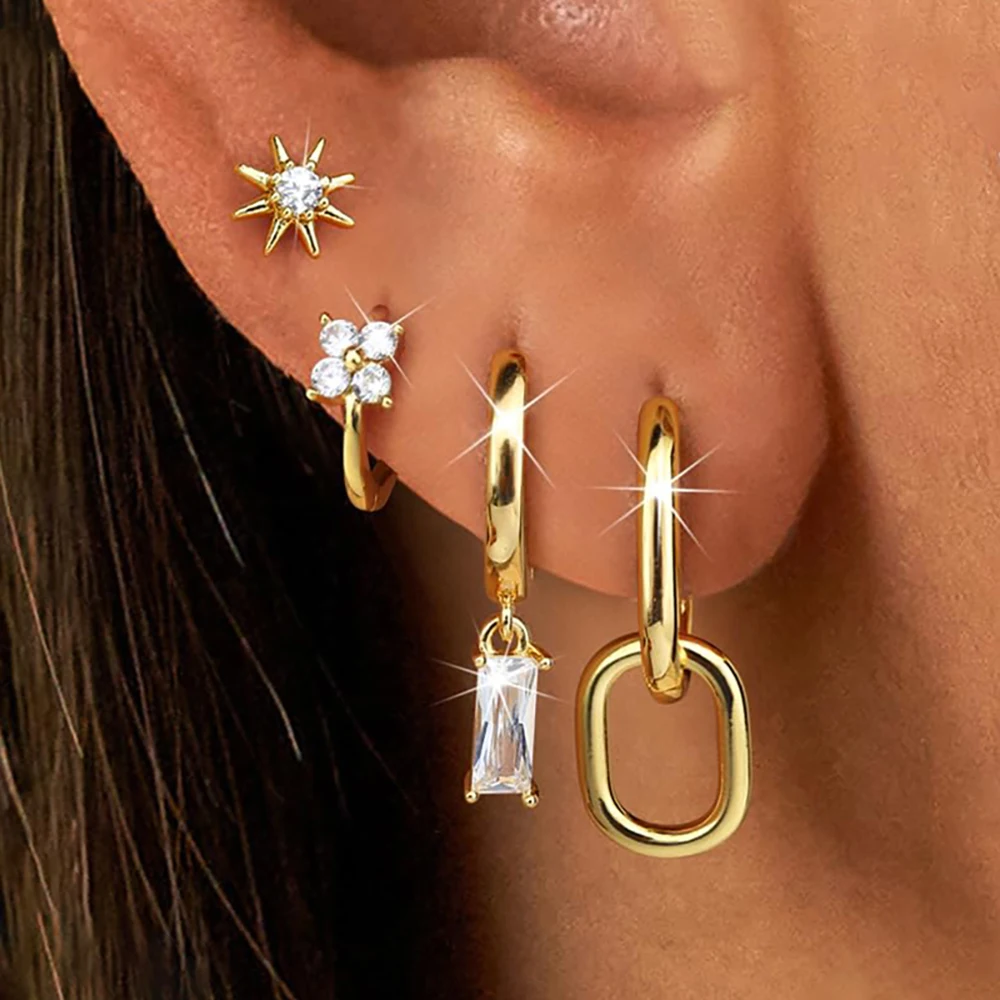 4PCS Helle Glänzende Stern Ohrringe für Frauen Set 14K Gold Überzogene Neue Stil Hoop Ohrringe Trend Neue Weibliche baumeln Ohr Schmuck