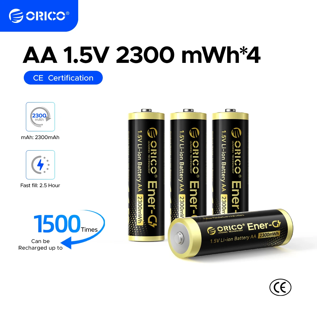 Image of ORICO AA 1,5 V wiederaufladbare Batterie, 2300 mWh Lithiumbatterien, 1500+ Mal Zyklus für Fernbedienung, Maus, elektrische Spielzeugkamera
