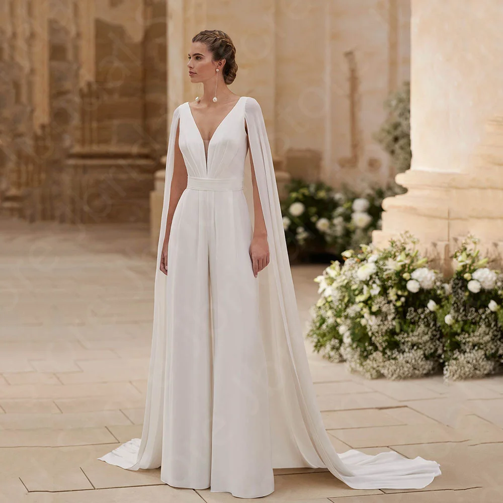 Customized New Pantsuit Wedding Dresses with Cape Bridal Gowns Jumpsuit Bride Dresses V Neckline Combination Wedding Gowns 2025