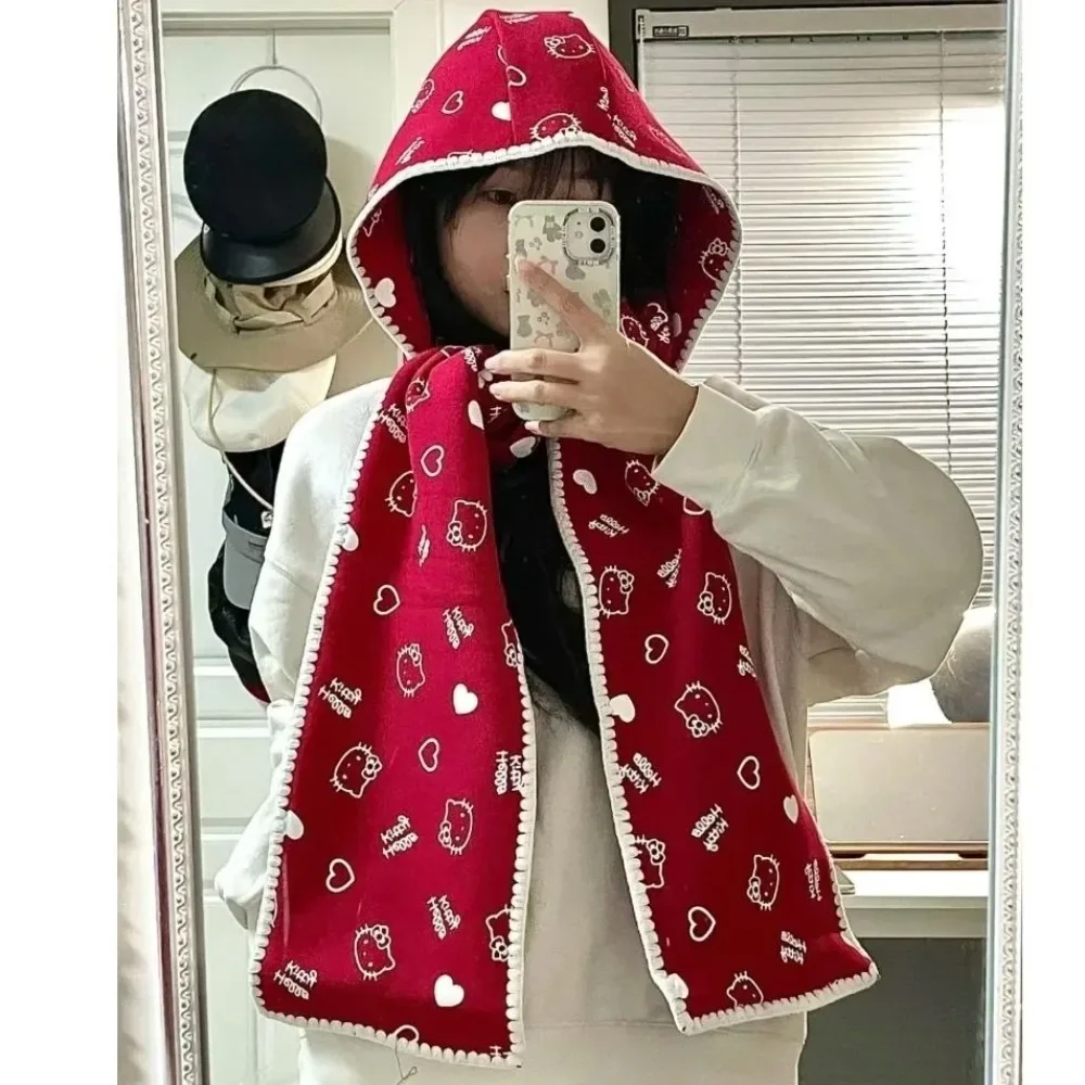 Hello Kitty Hat Miniso Cartoon Lace Embroidered Hat Scarf Anime Fashion Knitted Thickened Warm Versatile Shawl Windproof Scarf