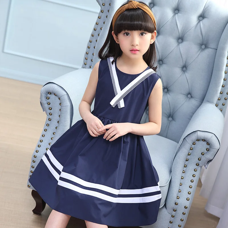 Preppy Girls' Dress Navy Collar 2022 New Round Neck Sleeveless Children's Long Skirt Simple Design School Clothes Cheap Summer