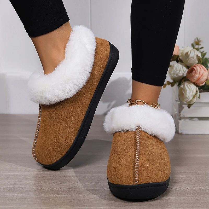 2024 Winter Warm Home Fur Slippers Women Luxury Faux Suede Plush Couple Cotton Shoes Indoor Bedroom Flat Heels Fluffy Slippers