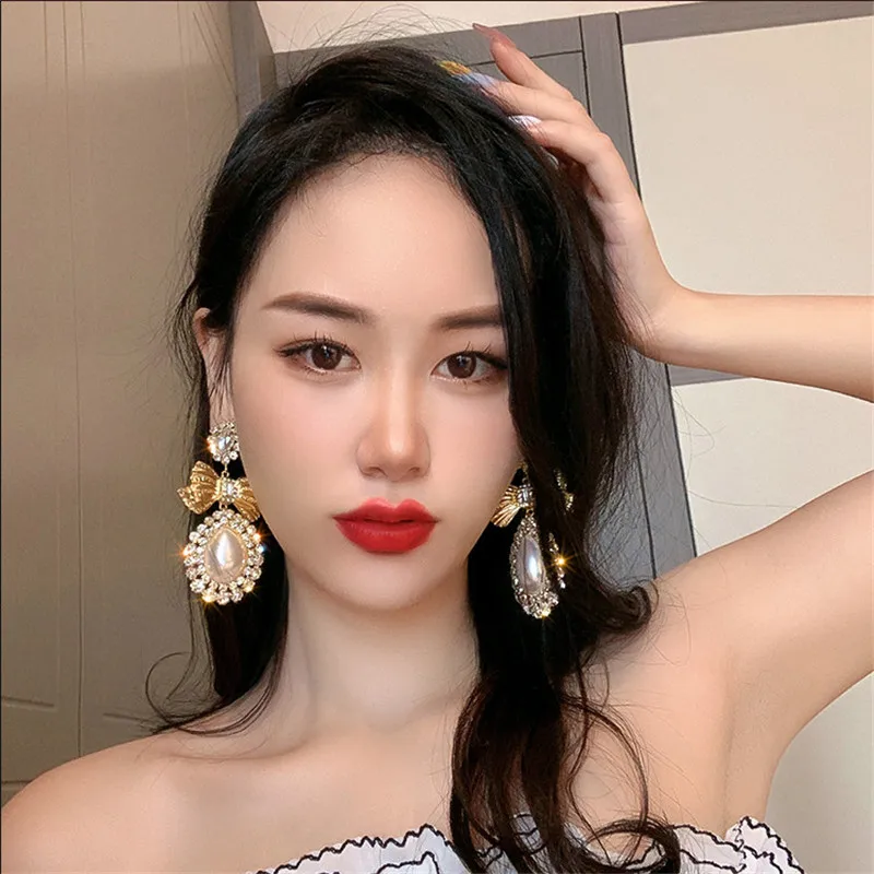 FYUAN Vintage Gold Color Bowknot Crystal Earrings for Women Oversize Water Drop Pearl Dangle Earrings Statement Jewelry