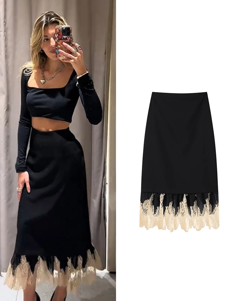 Sexy Patchwork Lace Midi Skirt Women High Waist Zipper Slim Party Evening Bottoms 2026 Spring Summer Lady Elegant Outwears