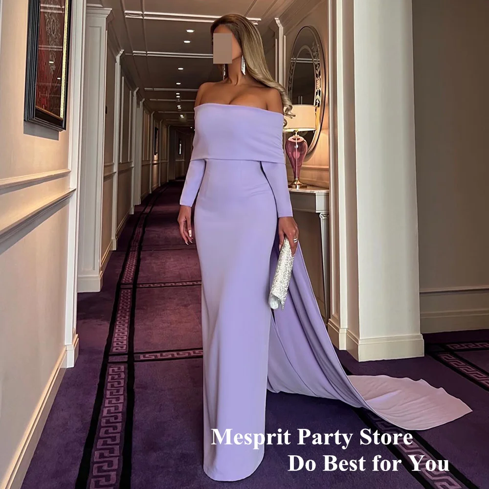 Lilac Prom Dress with Long Cape Boat Neck Long leeves Pleat Simple Straight Formal Evening Dresses Arab Party Gown for Woman