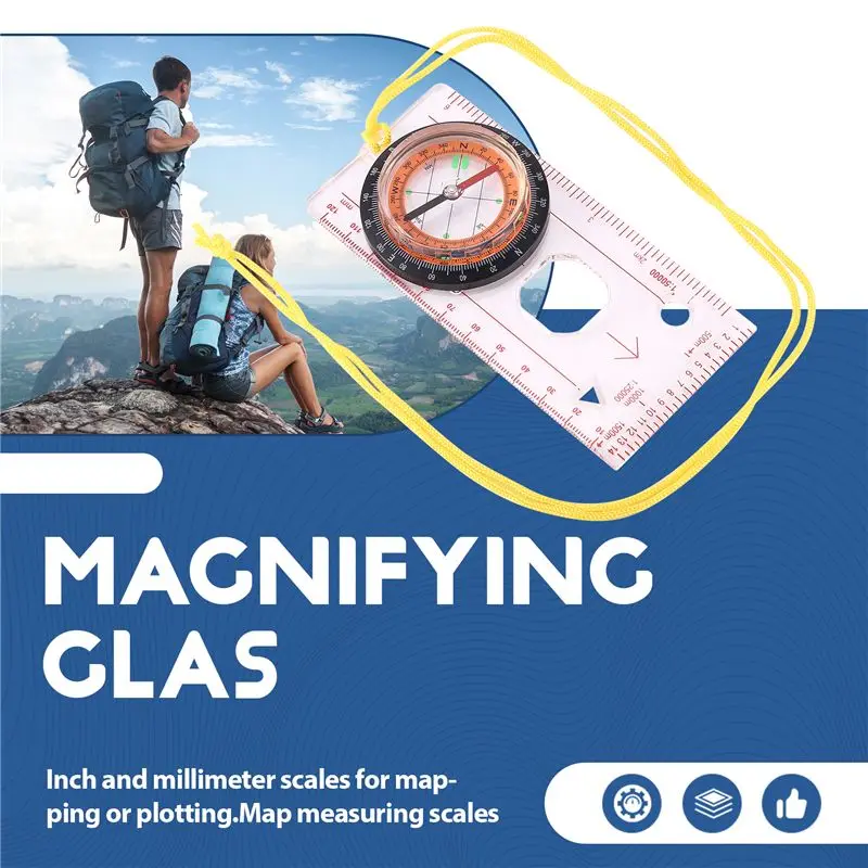 AEF5-Baseplate Ruler Compass Map Scale Magnifier With Strap Camping Hiking OCOMP7198