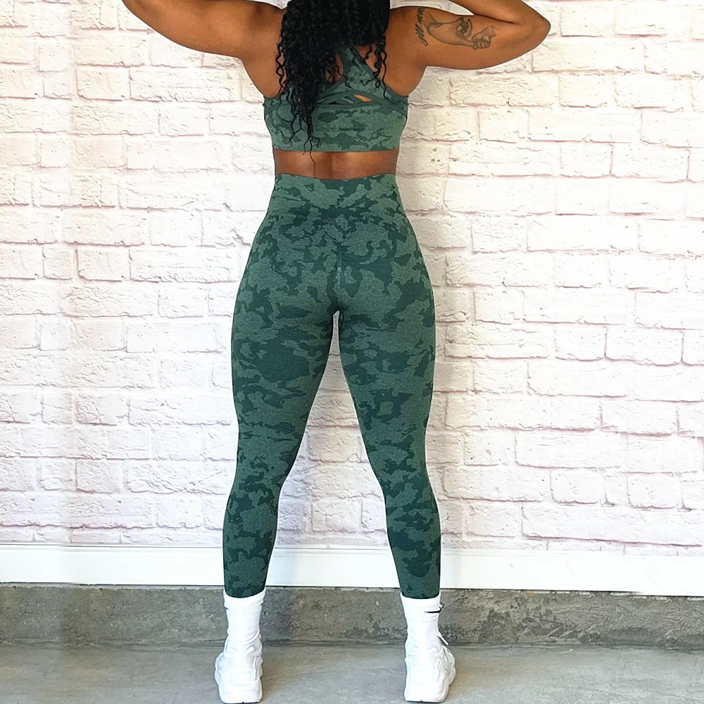 QK Seamless  Women Camo Yoga Sets Workout Scrunch Legging Shorts Back Cross One Female Jumpsuit Fitness Gym Rompers Active Suits