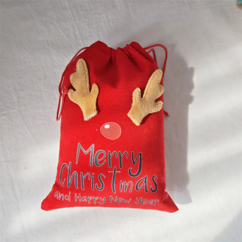 3pcs Per Pack Christmas Canvas Drawstring Bag with Pouch Canival Gift Bag xmas Featuring An Elk Design for Storage
