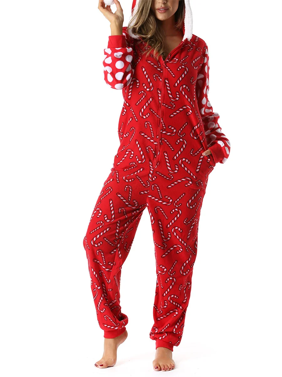 Women\'s Christmas Pajamas Romper Long Sleeve Zip Up Hooded Jumpsuit Sleepwear Holiday Costume