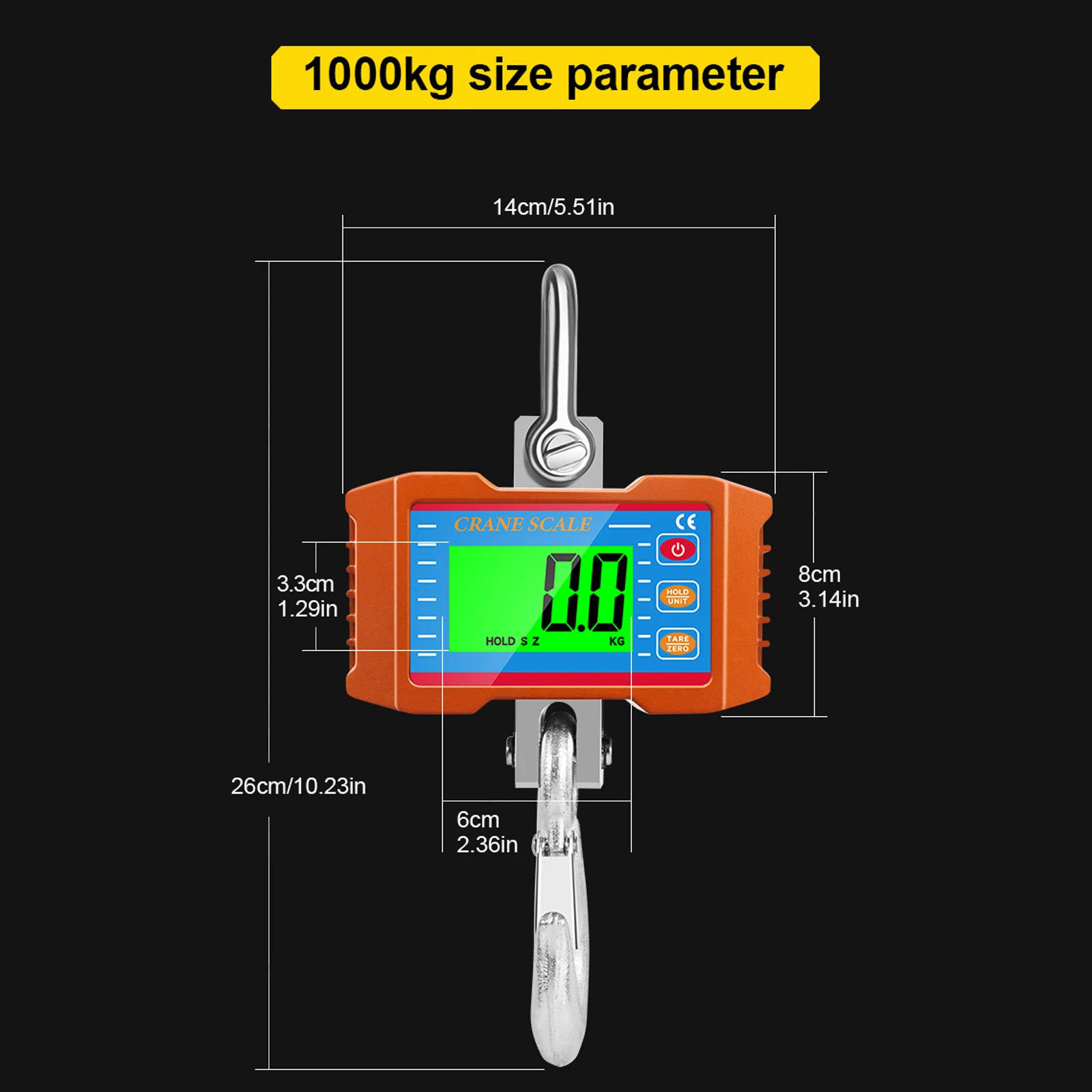 

1000KG (2204lbs) Industrial Crane Scale Large LCD Auto Lock Steel Hook Heavy Weight Blance Remote Control Digital Hanging Scale