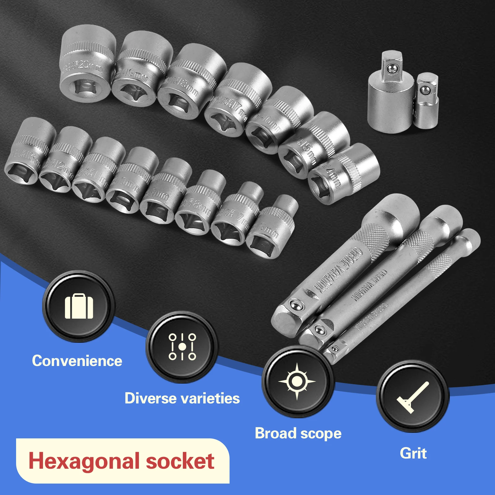 20Pcs Hexagonal Socket Set Alloy Steel Socket Combination Set Portable 3/8inch Socket Tool with Adapter and Post Sturdy Impact