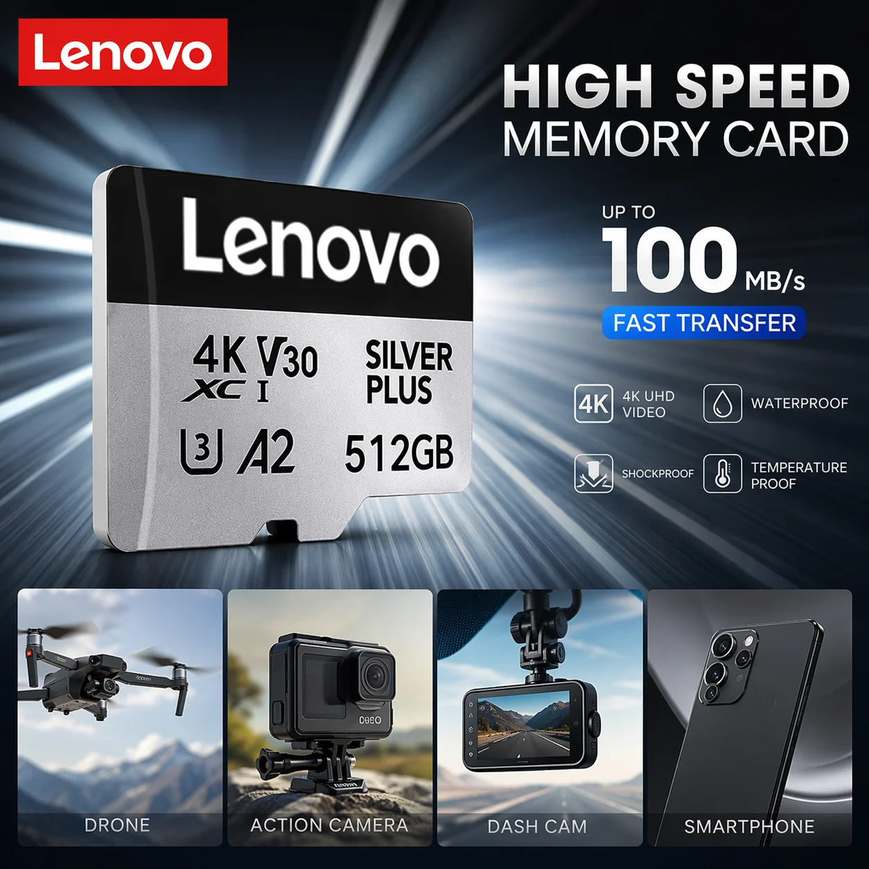 Lenovo High Speed Micro TF SD Card 64GB/128GB/512GB Memory Card for DJI Mavic Drone 4K Recording Class 10 U3 V30 with Adapter
