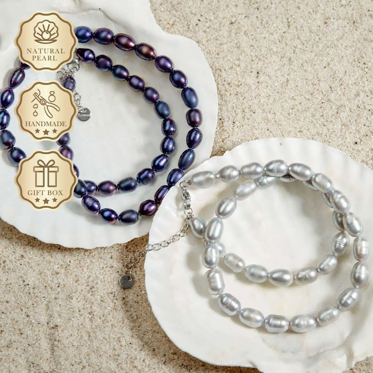 

MYSOYA Black & Gray Rice Freshwater Pearl Necklace 6–7mm with Silver Extender Chain, Gift Box, Birthday & Anniversary Gift