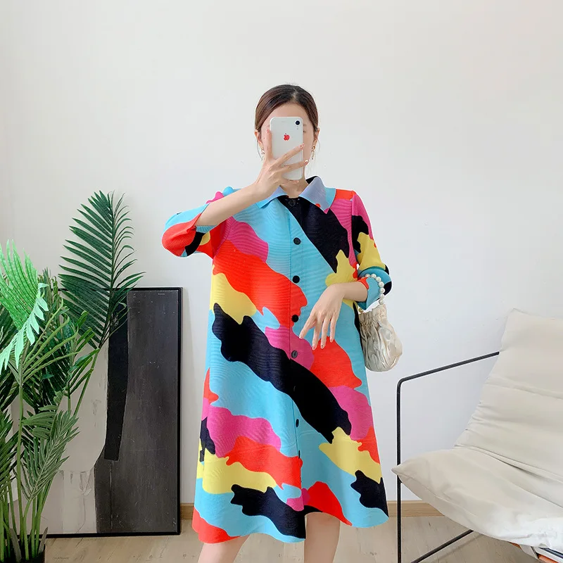 

miyake pleated casual print loose dress coat 2022 autumn vintage basic niche jacket for women