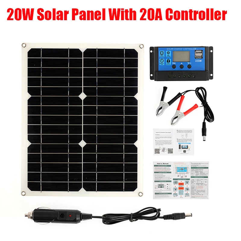 20W Monocrystalline Solar Panel Kit With 20A Solar Controller LCD Display Dual USB Port Emergency Solar Power Generator