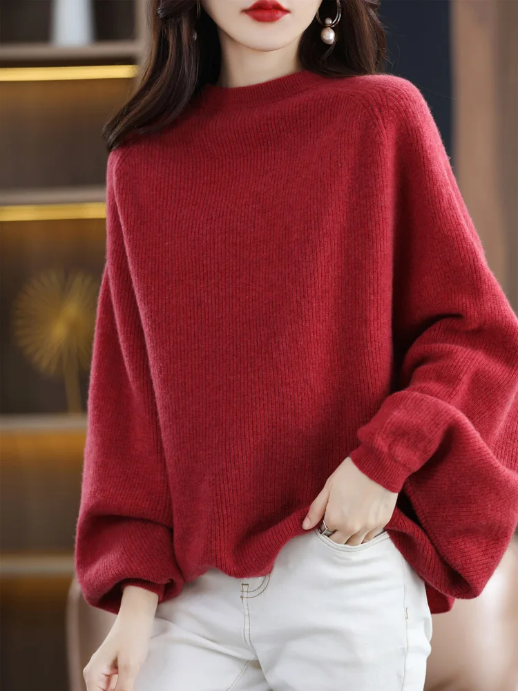 2022 Autumn / Winter New Cashmere Sweater Women\'s O-Neck Pullover Casual Knitted Loose-length Shirt 100% Pure Wool One Size