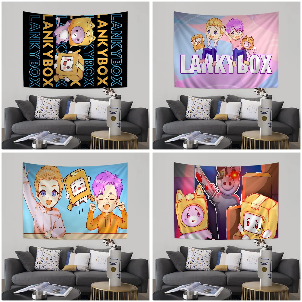 Cute Lankybox Happy Foxy Boxy And Rocky Anime Tapestry Hippie Flower Wall Carpets Dorm Decor Wall Hanging Home Decor