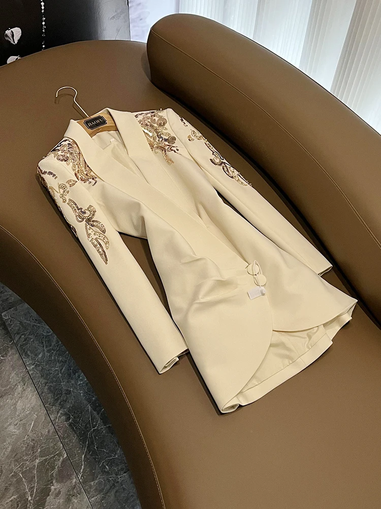 

Casual Chic Heavy Embellied Diamond Embroidered Suit Dr Aquamarine Collar High-End Lightweight New Leisure Ci Commute