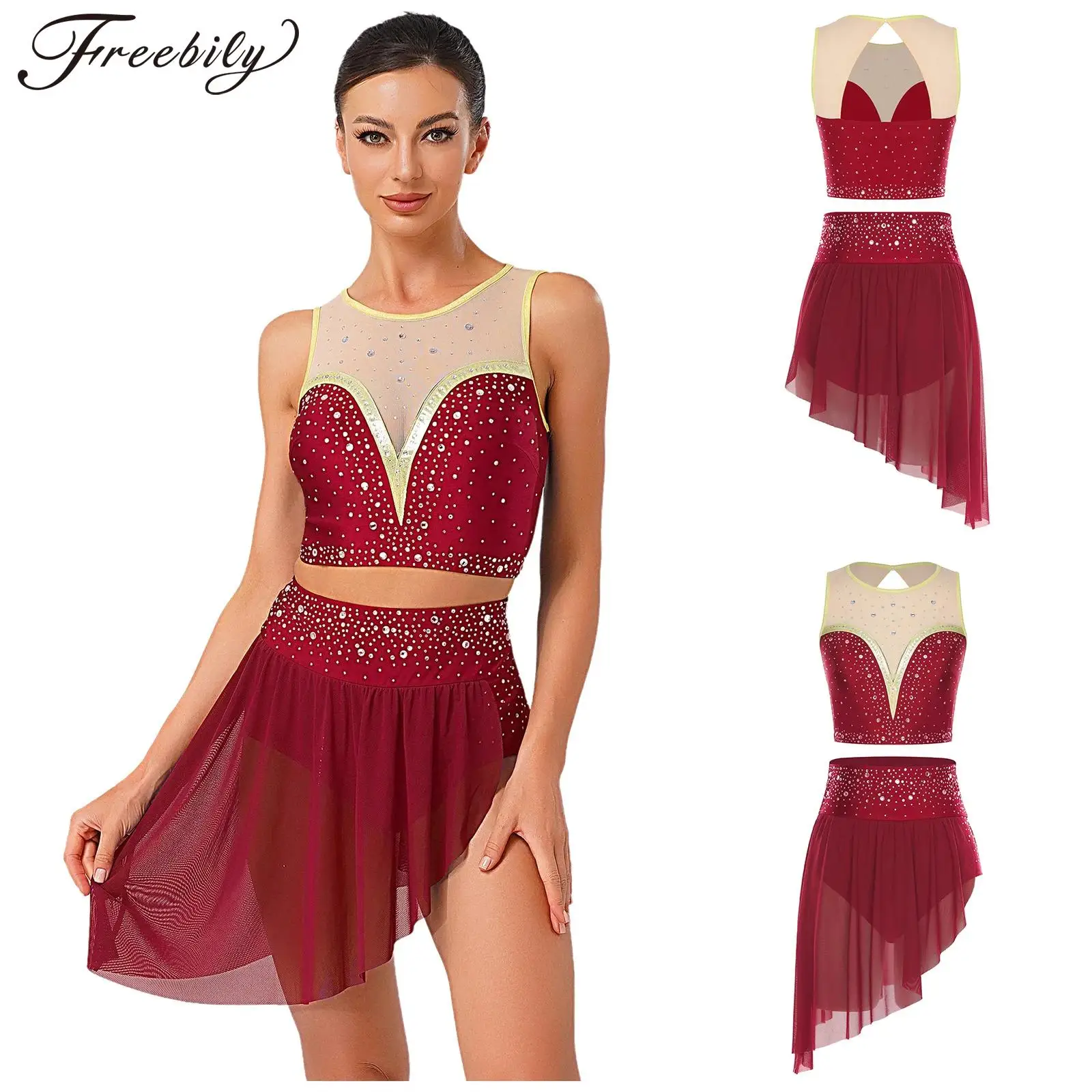 Women Shiny Rhinestone Sheer Mesh Modern Lyrical Dance Crop Tops with Leotard Skirt Figure Skating Gymnastics Acrobatics Outfit