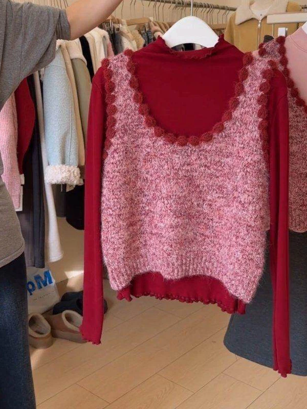 

Красный вязаный жилет с высоким воротником и длинными рукавами, комплект из двух предметов, модный женский наряд для весны, новинка