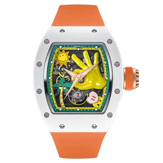 

CRONUSART Men Automatic Watch 50mm Tonneau Ceramic Case Mechanical Wristwatch Skeleton Micro-Sculpture 3D OK Dial FKM Strap
