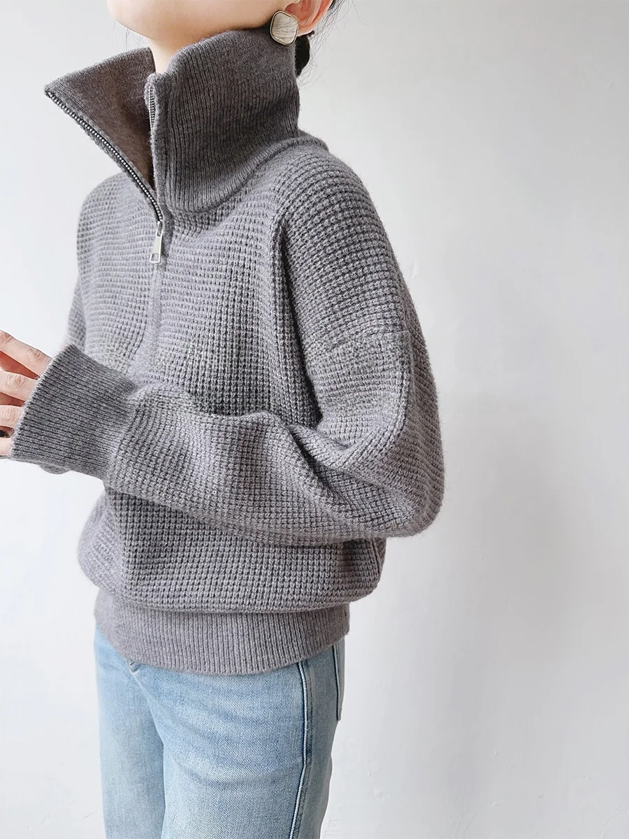 

ay High Collar Sweater Women's f Zipper Turn-down Collar Lazy Thiened Knitted Outerwear Commute Sle Loose Fit Long S...