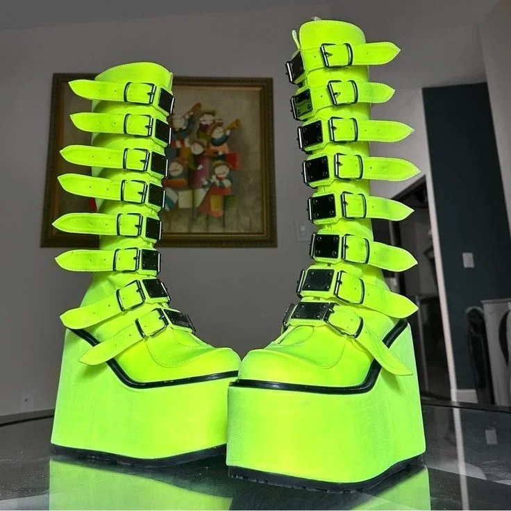 Platform Punk Rock Belt Buckle Motorcycle Boots 2025 New Round Toe Wedge Party Stage Boots Street Fashion Large Size Calf Boots image 2