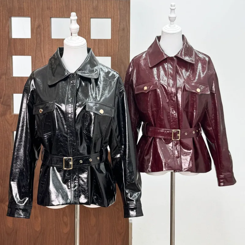 HKSH Damen PU-Leder-Set mit Gürtel, Taillenbetonter Einfarbiger Punk-Ins-Jacke, Vielseitiger A-Linien-Kurzrock, Neu Frühling 2026 HK19412