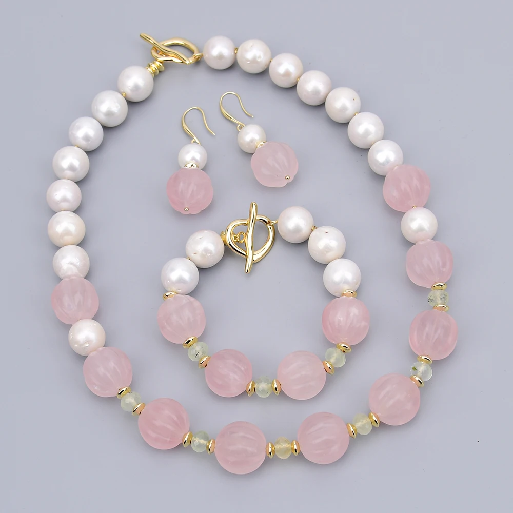 G-G Big Cultured White Edison Keshi Pearl Natural Rose Quartz Green Prehnite Necklace Jewelry Sets For Lady Gifts