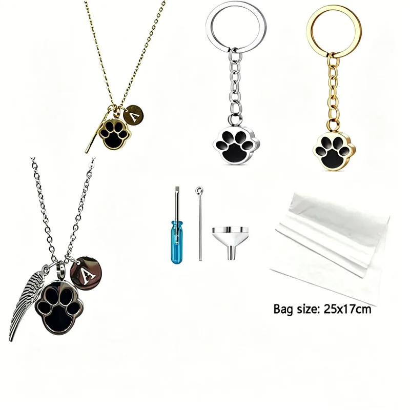 

Stainless Steel Pet Paw Print Cremation Urn Necklace And Keychain Set Memorial Ash Pendant With Wing For Dog Cat Pet Loss