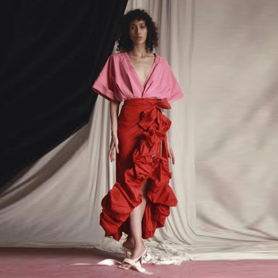 Red Ruched Long Skirts Ruffles  Sexy Split Lady Saias Girls Wedding Guest Party Gowns Women Formal Occasion Wear Skirt
