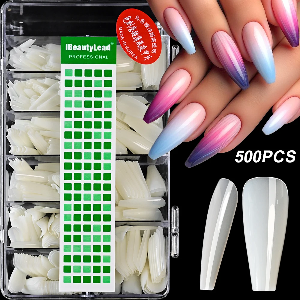 500Pcs White Long Coffin Press On Nails 10sizes Full Cover ABS  Ballerina False Nail Tips Acrylic Coffin Fingernails Extensions