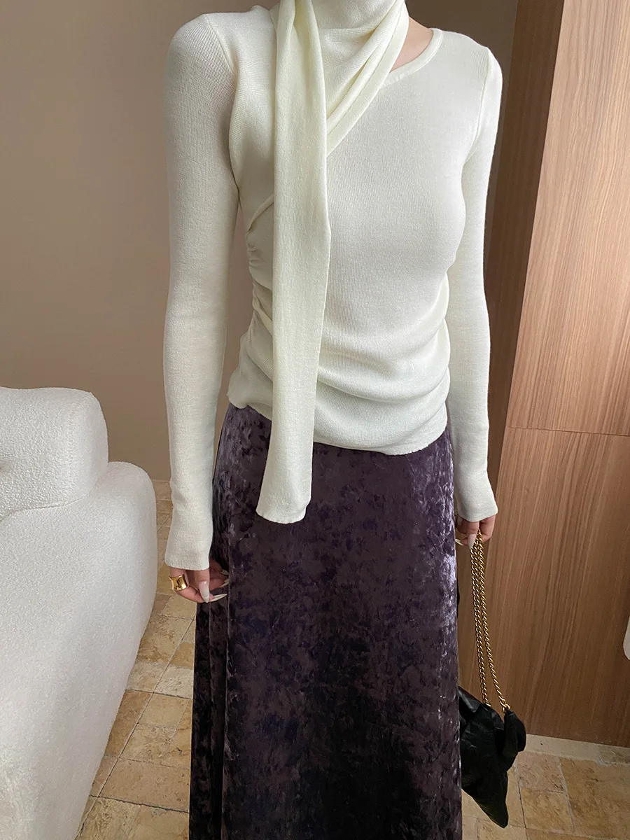 Women's casual solid color scarf, ribbon, slim fit and slimming base knit sweater