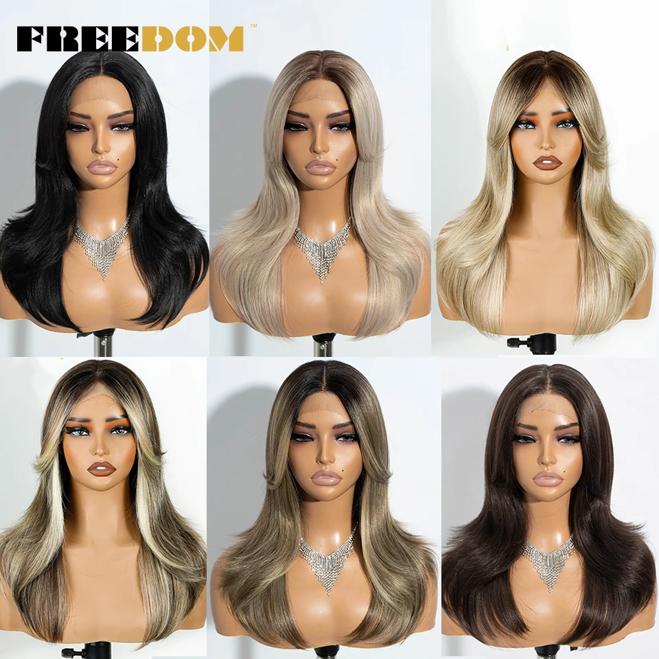 FREEDOM Straight Layered Synthetic Lace Front Wigs For Women 20 Inch Ombre Blonde Brown Lace Wig With Bangs Cosplay Lace Wigs image 5