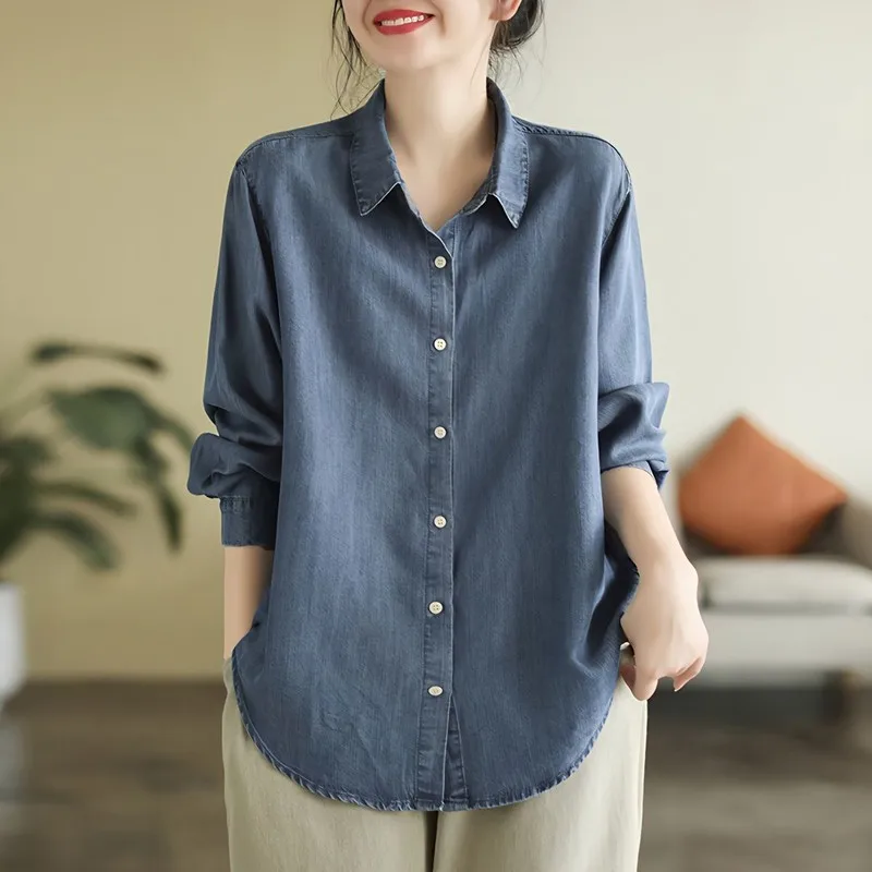 

2024 Spring New Korea Fashion Women Long Sleeve Loose Turn-down Collar Shirt all-matched Casual Cotton Denim Blouse Tops P564