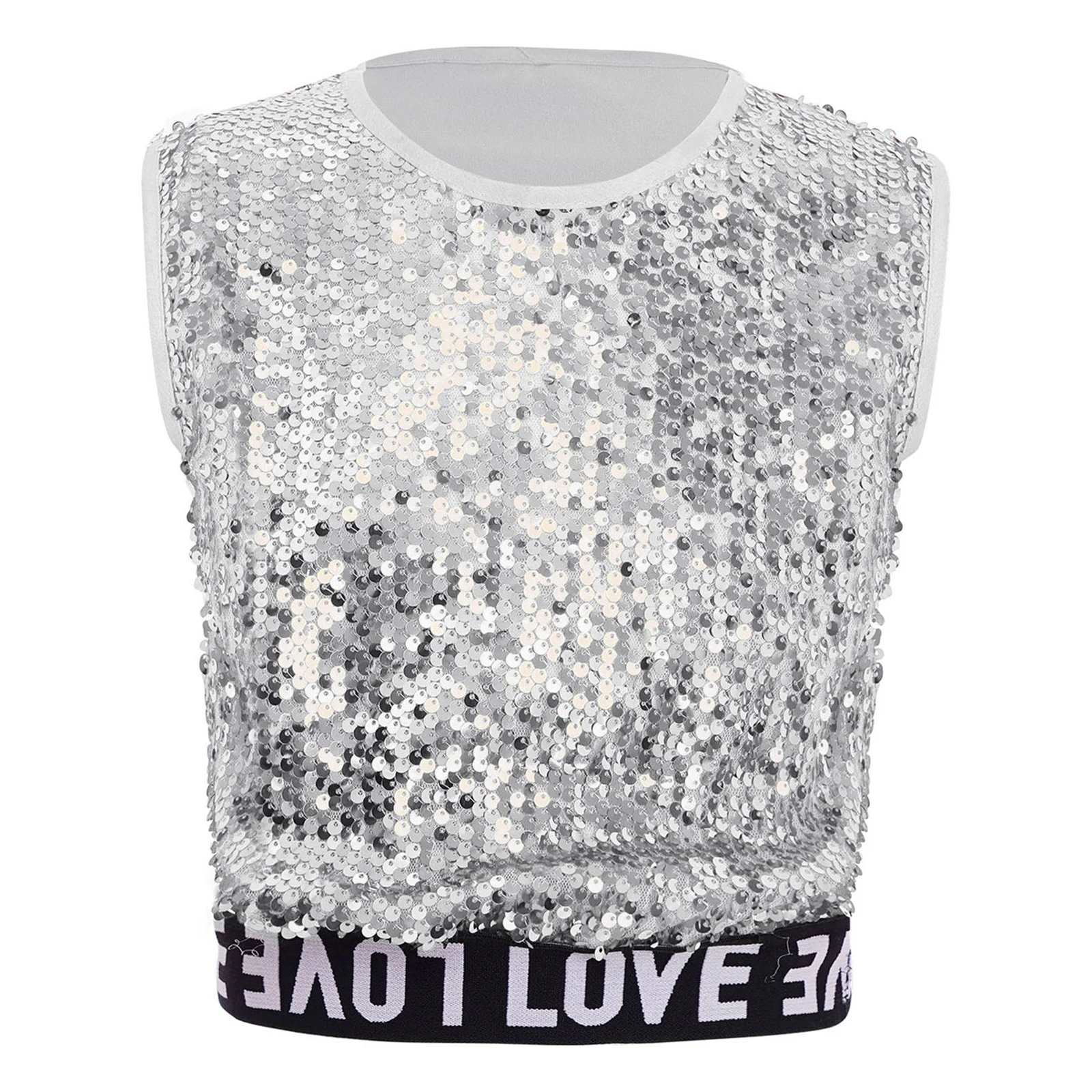 

Kids Girls Sequins Hip-Hop Jazz Dance Top One Shoulder Lace-up Sleeveless Vest Letter Printed Hem Tank Crop Top Street Dancewear