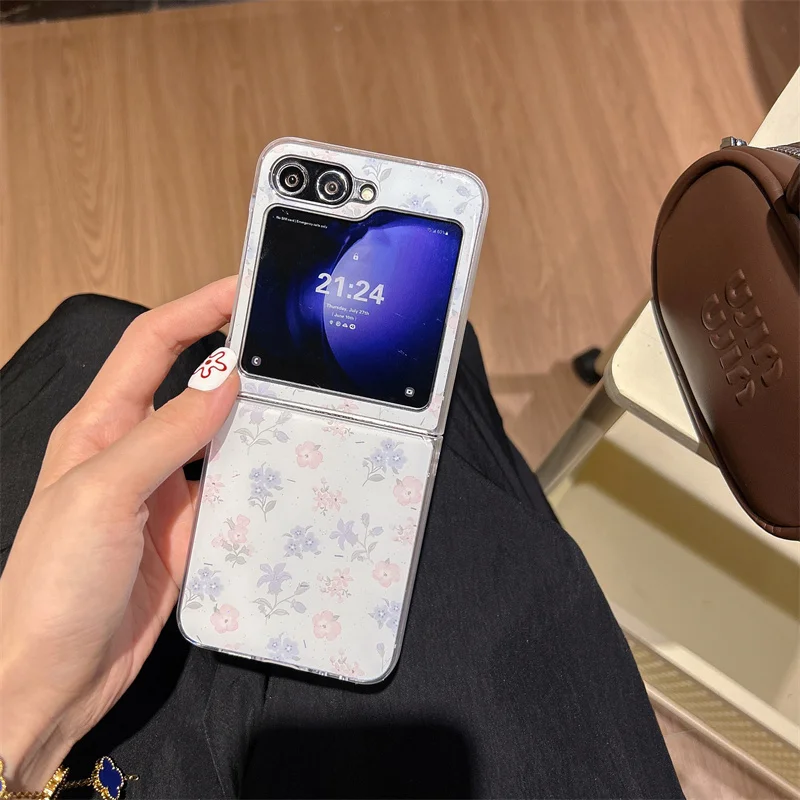 Phone Case For Samsung Galaxy Z Flip 7 FE 6 3 4 5 Z Fold 4 5 6 7 Ins Blue Floral Flower Shockproof Cover